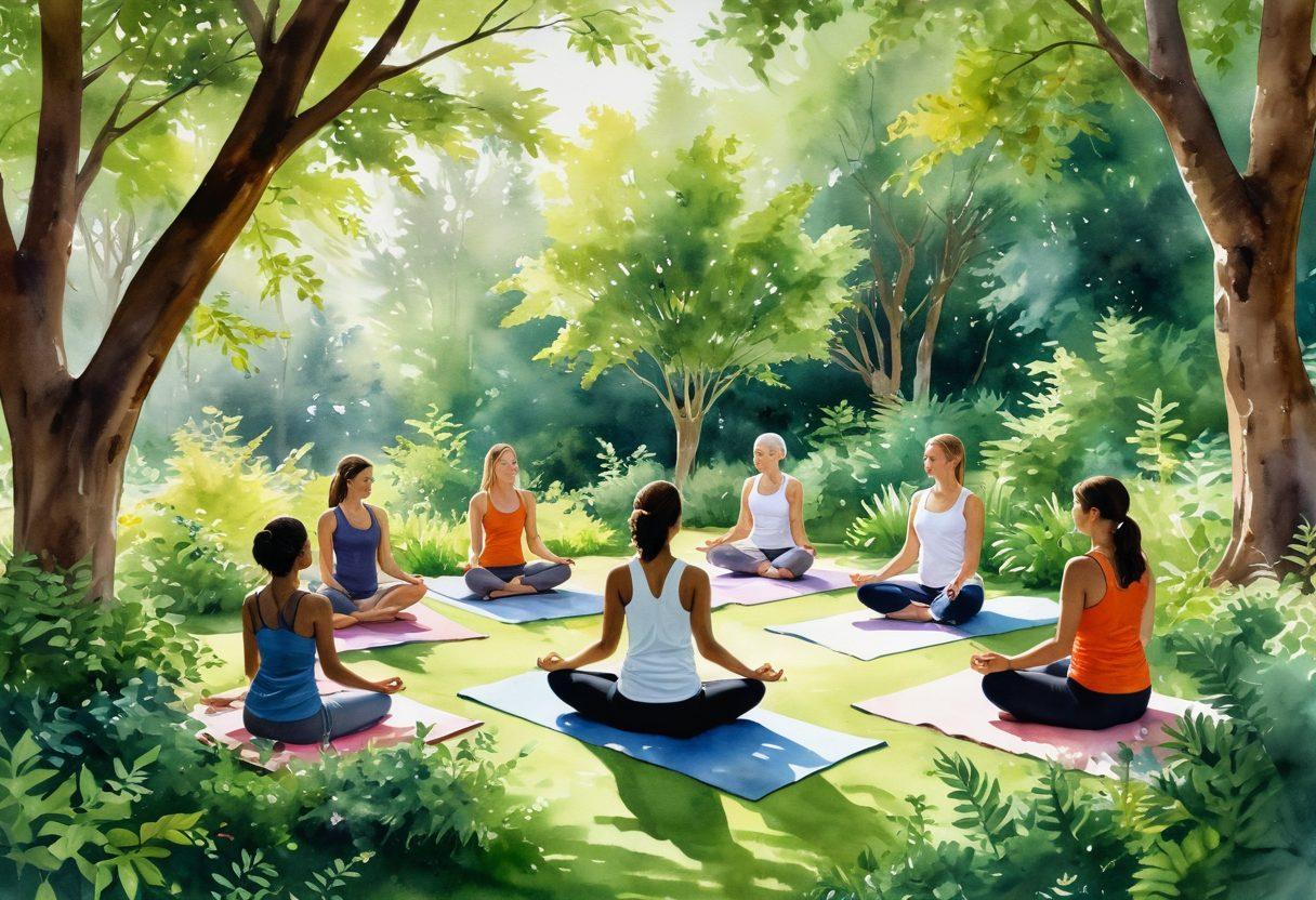 A serene scene depicting a diverse group of individuals practicing holistic health techniques in a lush, green environment. Include elements like yoga, meditation, and organic gardening, showcasing harmony between modern oncology and nature. Bright sunlight filtering through trees, symbolizing hope and wellness. Incorporate soft, calming colors to evoke tranquility. watercolor painting. vibrant colors. natural atmosphere.