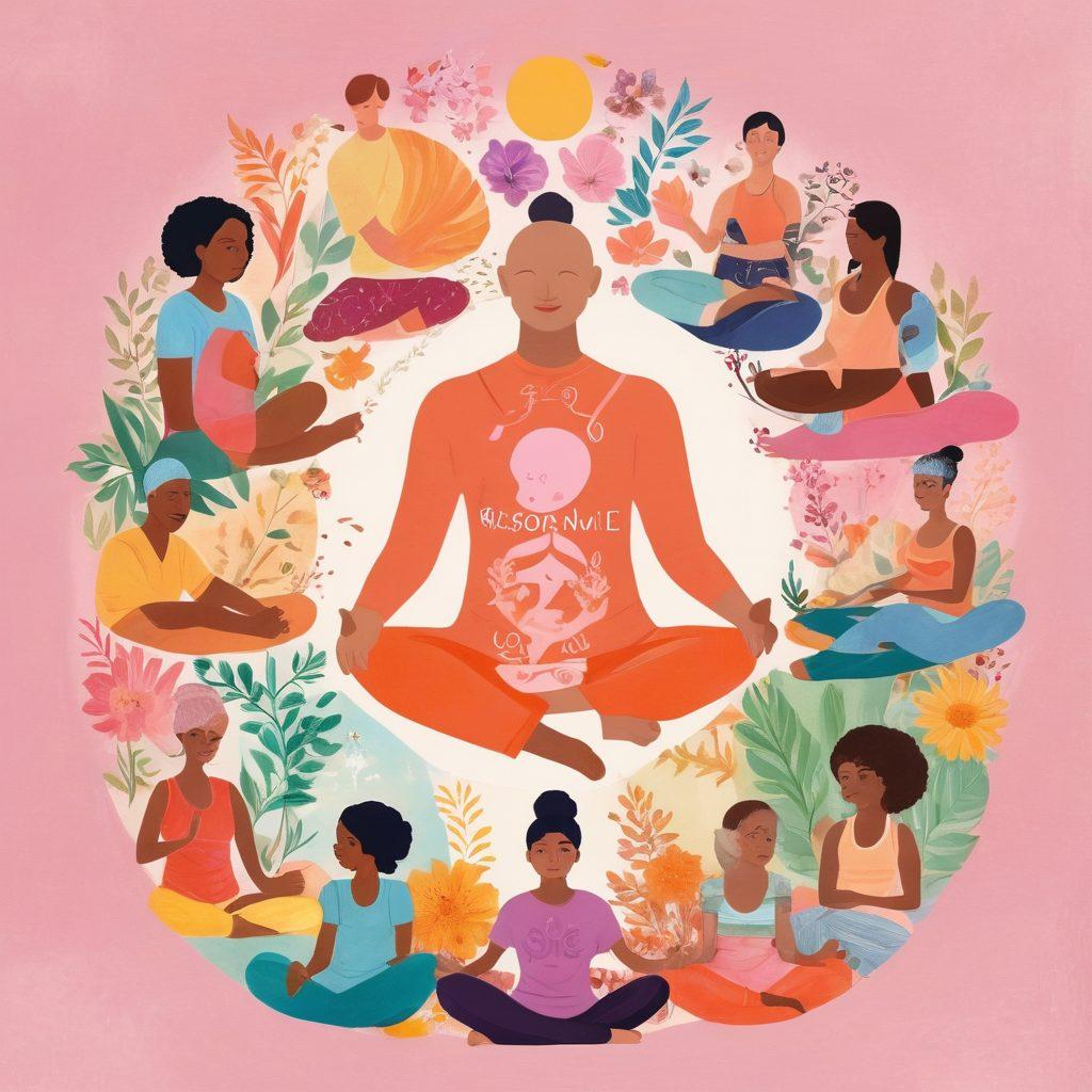A vibrant collage depicting a diverse group of cancer patients in various stages of recovery, surrounded by supportive friends and family. Incorporate symbols of wellness like yoga mats, healthy foods, and uplifting quotes. The background should have a serene landscape that represents hope and resilience, featuring soft colors to evoke warmth. Emphasize inclusivity by showing different ages and ethnicities. surrealism. bright and uplifting colors. calming atmosphere.