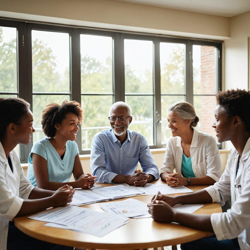A diverse group of patients sitting around a large table, engaging in a vibrant discussion about treatment options. Include a mix of age groups and backgrounds, with charts and pamphlets spread out. Bright sunlight filters through a window, symbolizing hope and enlightenment. A supportive atmosphere with soft colors that evoke trust and collaboration. super-realistic. warm tones. uplifting.